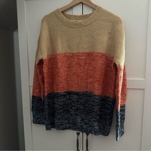 MEROKEETY Colorblock Knit Sweater - Orange, Beige, and Navy